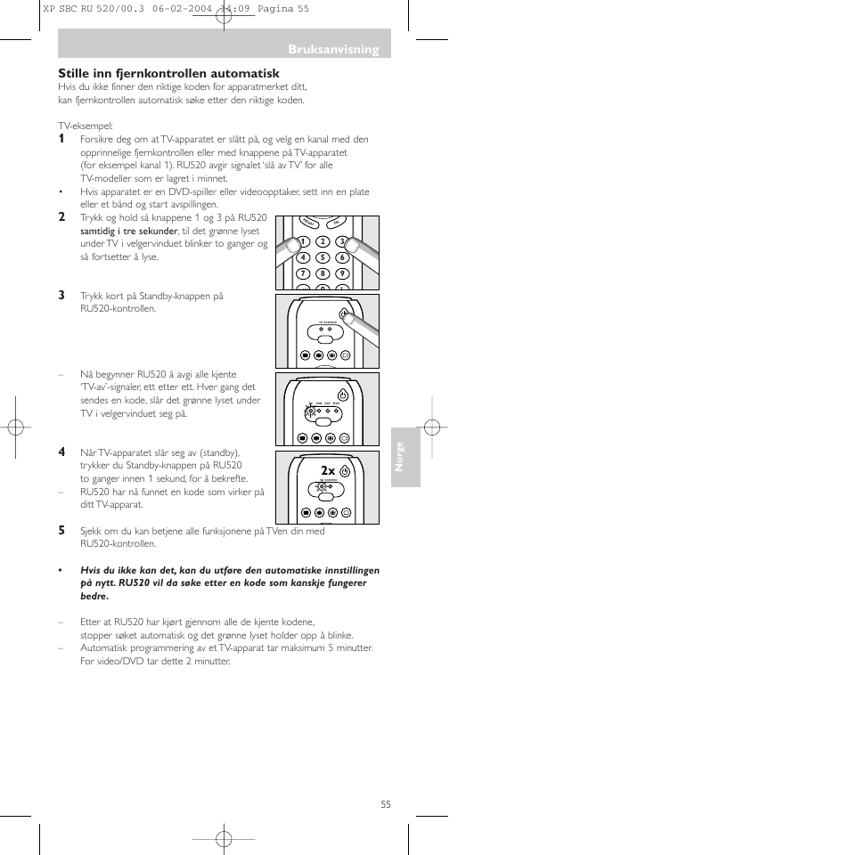 Stille inn fjernkontrollen automatisk, Bruksanvisning | Philips SBC RU 520/00U User Manual | Page 55 / 78