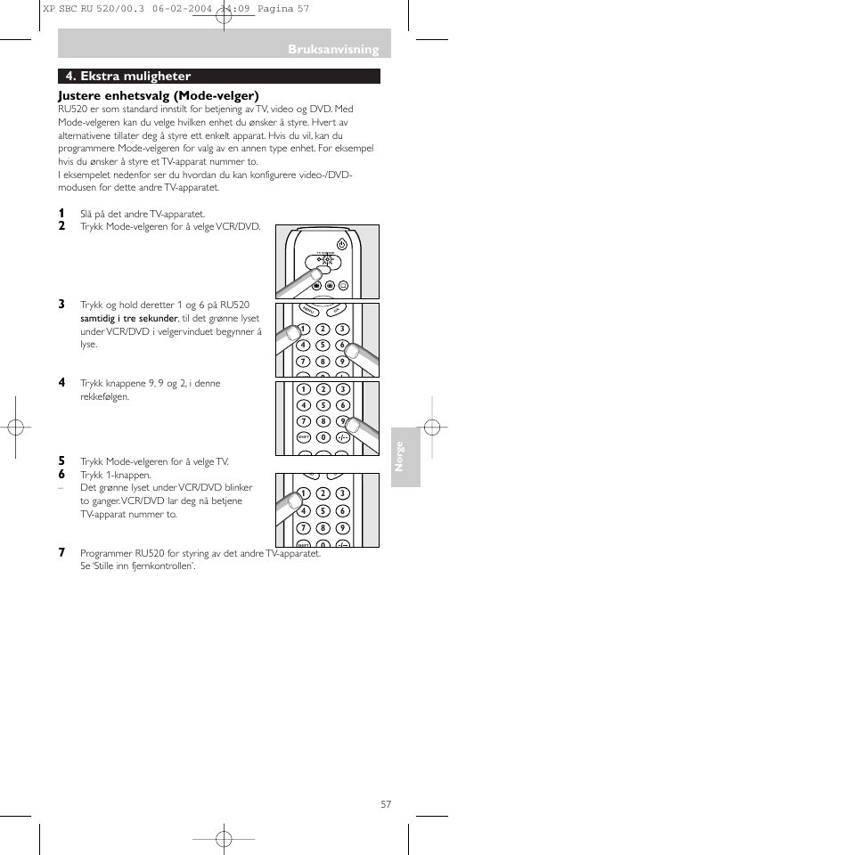 Ekstra muligheter justere enhetsvalg (mode-velger), Bruksanvisning | Philips SBC RU 520/00U User Manual | Page 57 / 78