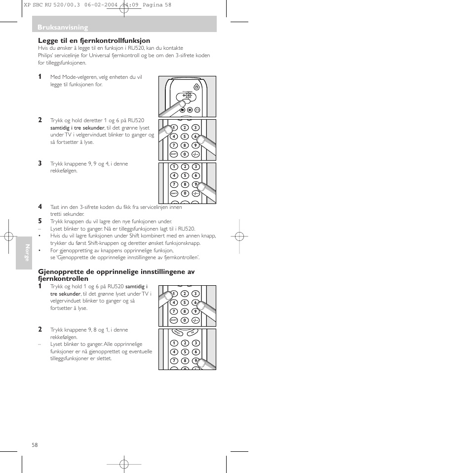 Legge til en fjernkontrollfunksjon, Bruksanvisning | Philips SBC RU 520/00U User Manual | Page 58 / 78