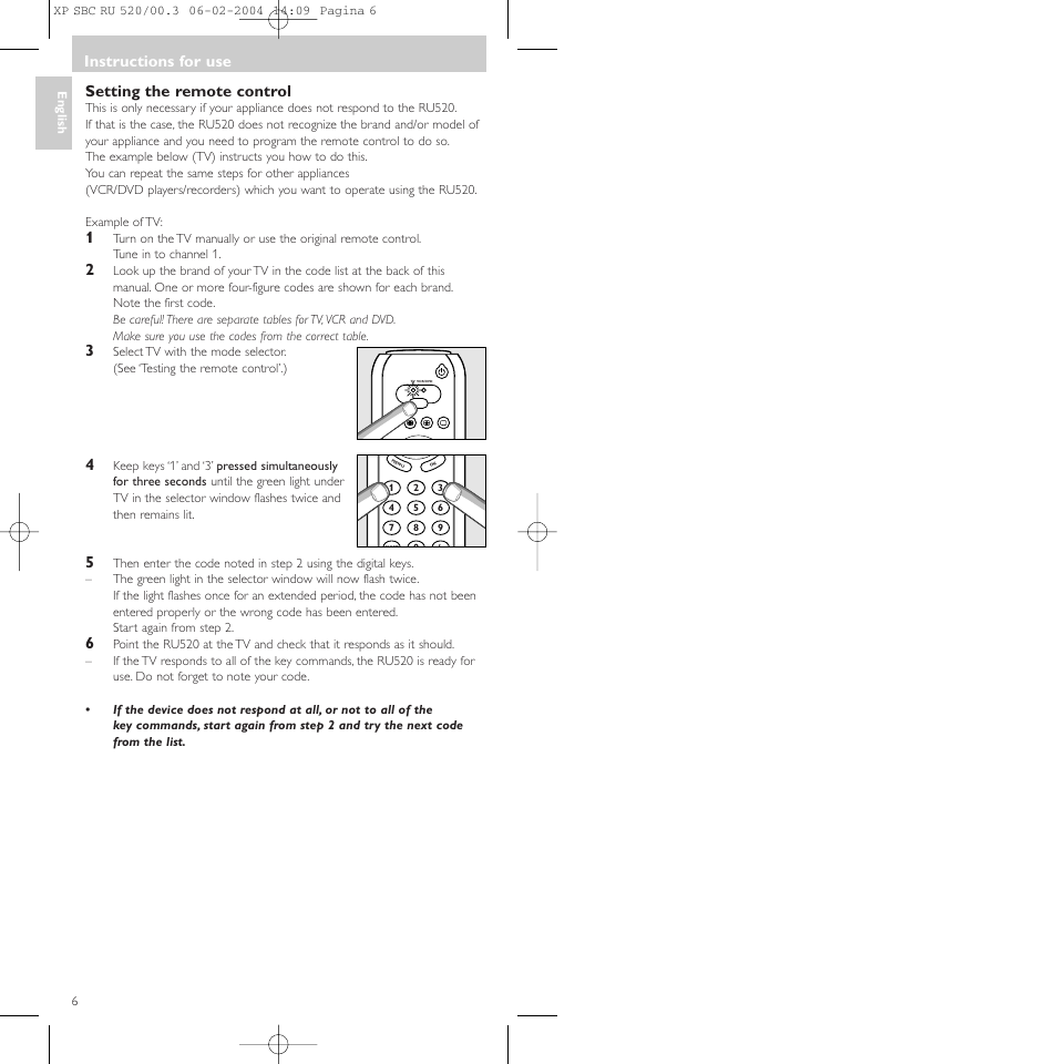 Setting the remote control, Instructions for use | Philips SBC RU 520/00U User Manual | Page 6 / 78