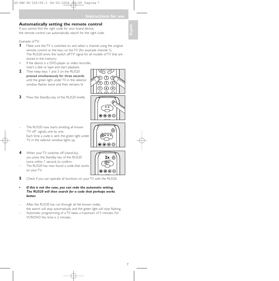 Automatically setting the remote control, Instructions for use | Philips SBC RU 520/00U User Manual | Page 7 / 78