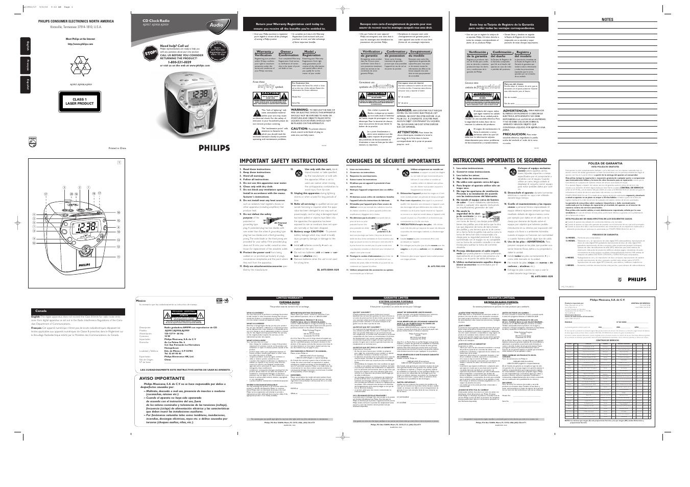 Mac5097, Sleep radio fm set da y radio volu me on off, Seguridad | Ssa affe etty y, Ssé éc cu urriitte e, Important safety instructions, Consignes de sécurité importantes, Instrucciones importantes de seguridad, Audio | Philips AJ3957 User Manual | Page 10 / 10