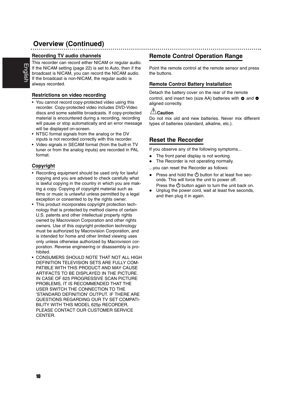 Overview (continued), English, Remote control operation range | Reset the recorder | Philips RCP7005TP2L User Manual | Page 10 / 61