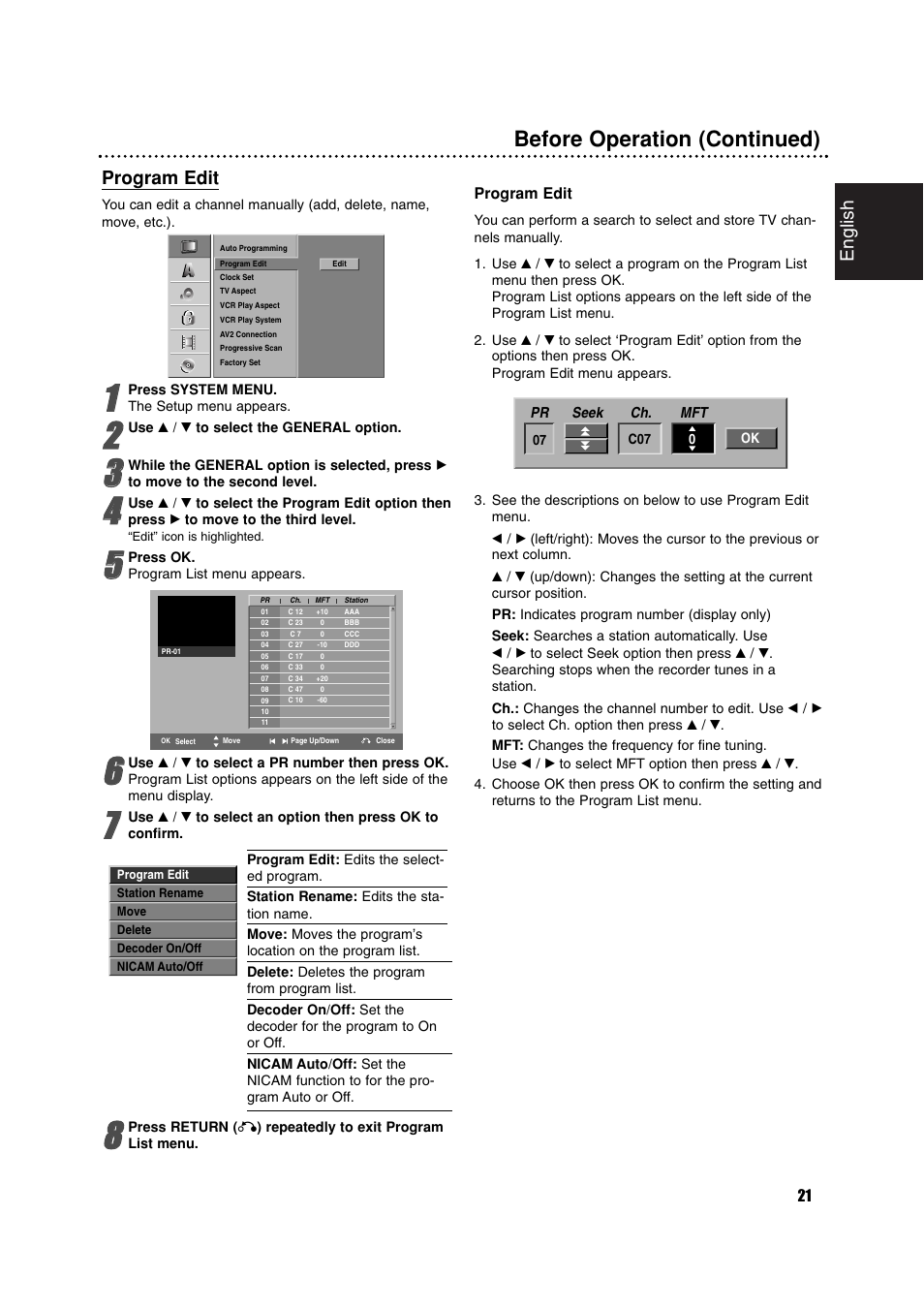 Before operation (continued), English, Program edit | Philips RCP7005TP2L User Manual | Page 21 / 61