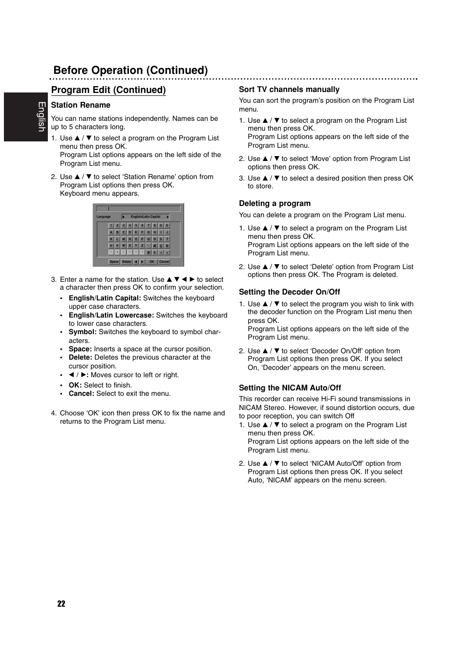 Before operation (continued), English, Program edit (continued) | Station rename, Sort tv channels manually, Deleting a program, Setting the decoder on/off, Setting the nicam auto/off | Philips RCP7005TP2L User Manual | Page 22 / 61