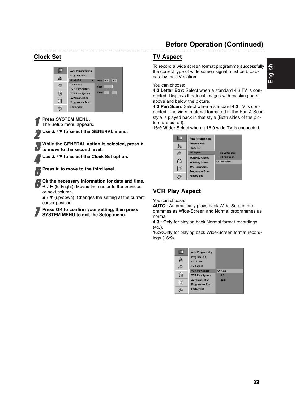 Before operation (continued), English, Clock set | Tv aspect, Vcr play aspect | Philips RCP7005TP2L User Manual | Page 23 / 61
