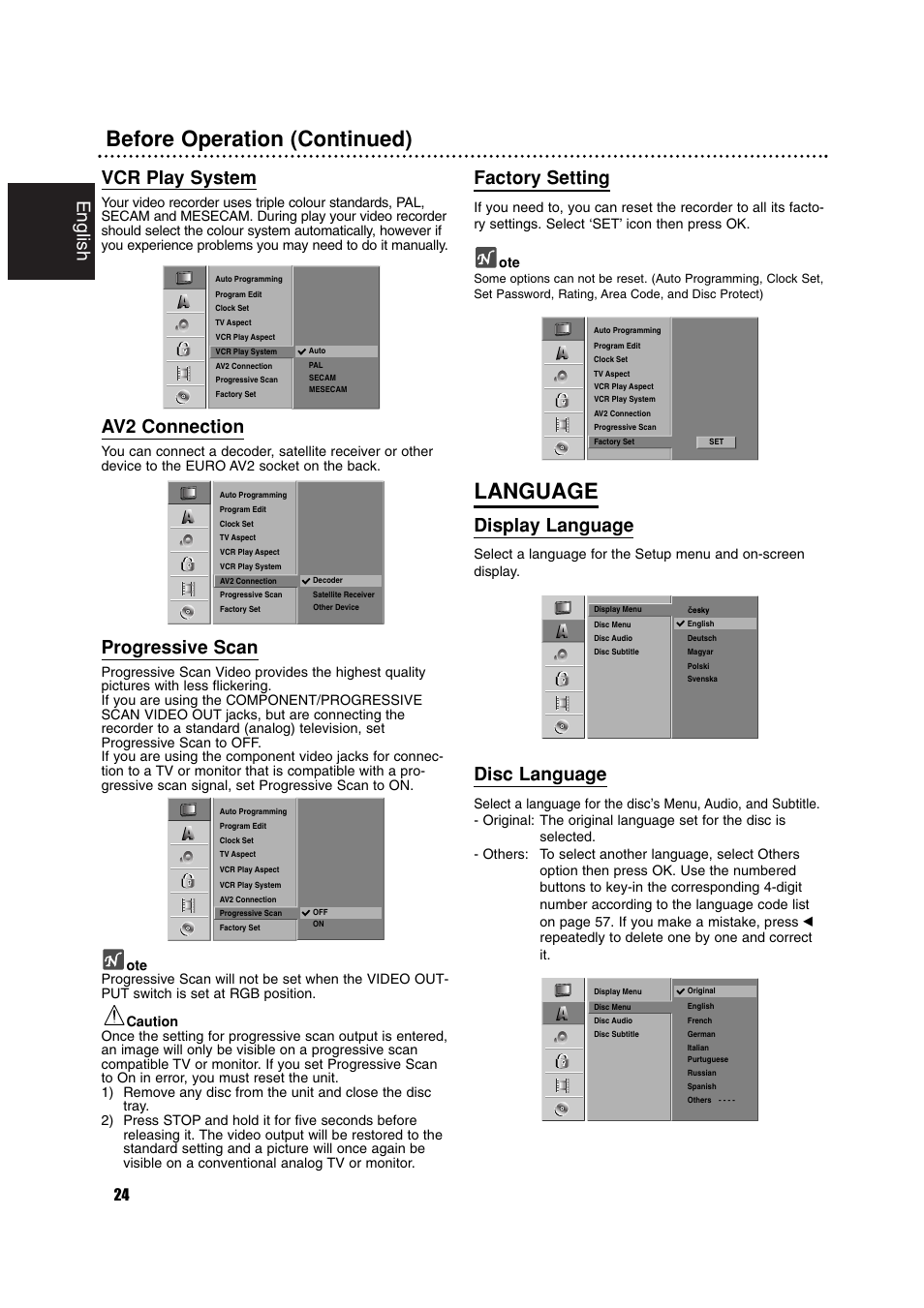 Before operation (continued), Language, English | Vcr play system, Av2 connection, Progressive scan, Factory setting, Display language, Disc language | Philips RCP7005TP2L User Manual | Page 24 / 61