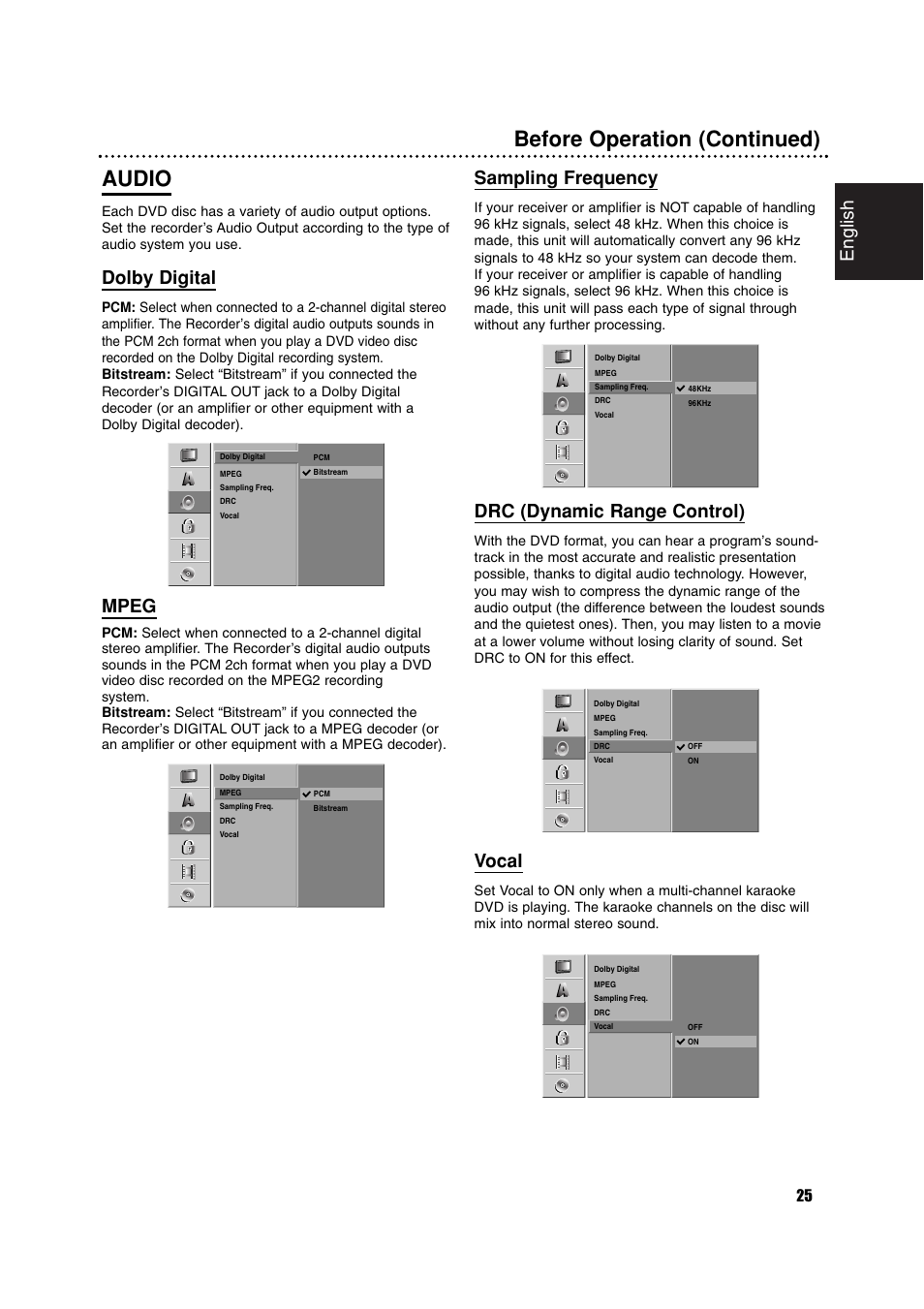 Before operation (continued) audio, English, Dolby digital | Mpeg, Sampling frequency, Drc (dynamic range control), Vocal | Philips RCP7005TP2L User Manual | Page 25 / 61