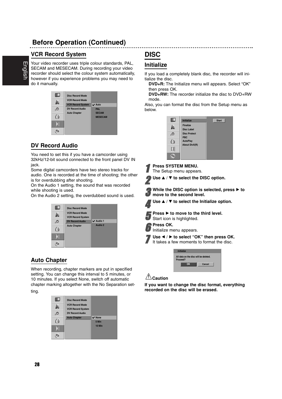 Before operation (continued), Disc, English | Vcr record system, Dv record audio, Auto chapter, Initialize | Philips RCP7005TP2L User Manual | Page 28 / 61