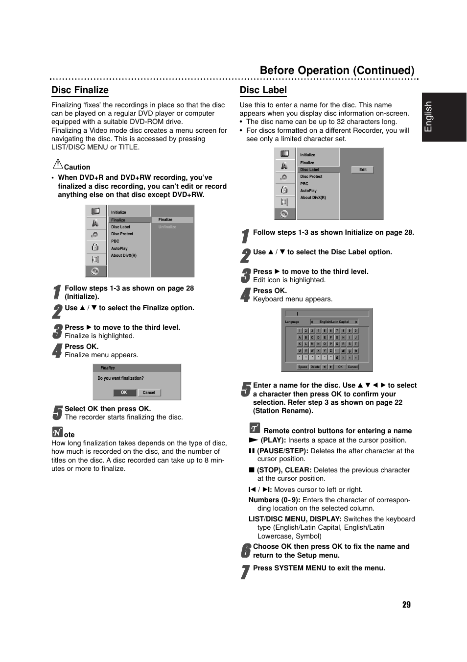 Before operation (continued), English, Disc finalize | Disc label | Philips RCP7005TP2L User Manual | Page 29 / 61