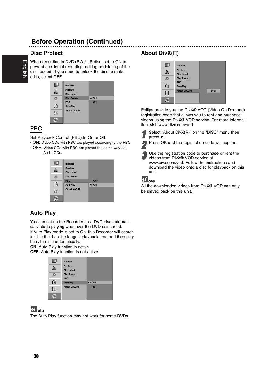 Before operation (continued), English, Disc protect | Auto play, About divx(r) | Philips RCP7005TP2L User Manual | Page 30 / 61
