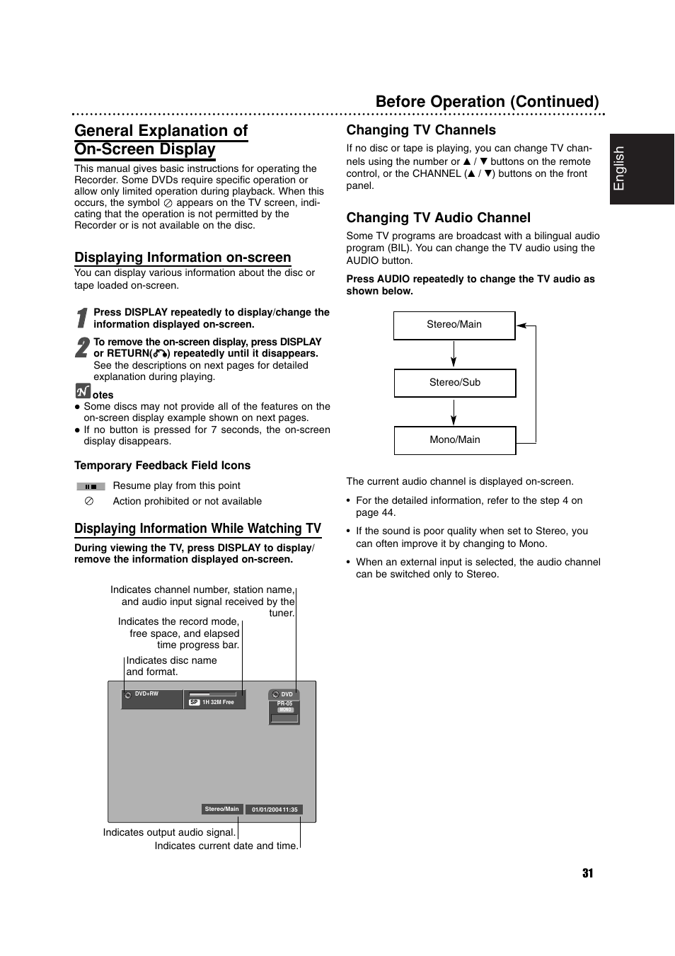 General explanation of on-screen display, Before operation (continued), English | Displaying information on-screen, Displaying information while watching tv, Changing tv channels, Changing tv audio channel | Philips RCP7005TP2L User Manual | Page 31 / 61