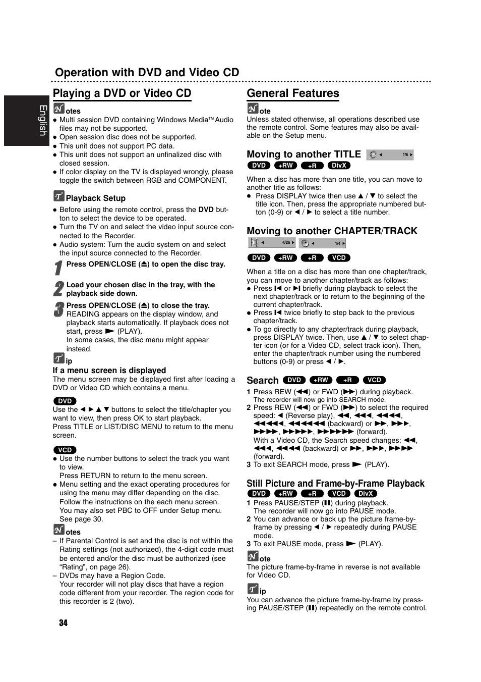 General features, English, Moving to another title | Moving to another chapter/track, Search, Still picture and frame-by-frame playback | Philips RCP7005TP2L User Manual | Page 34 / 61