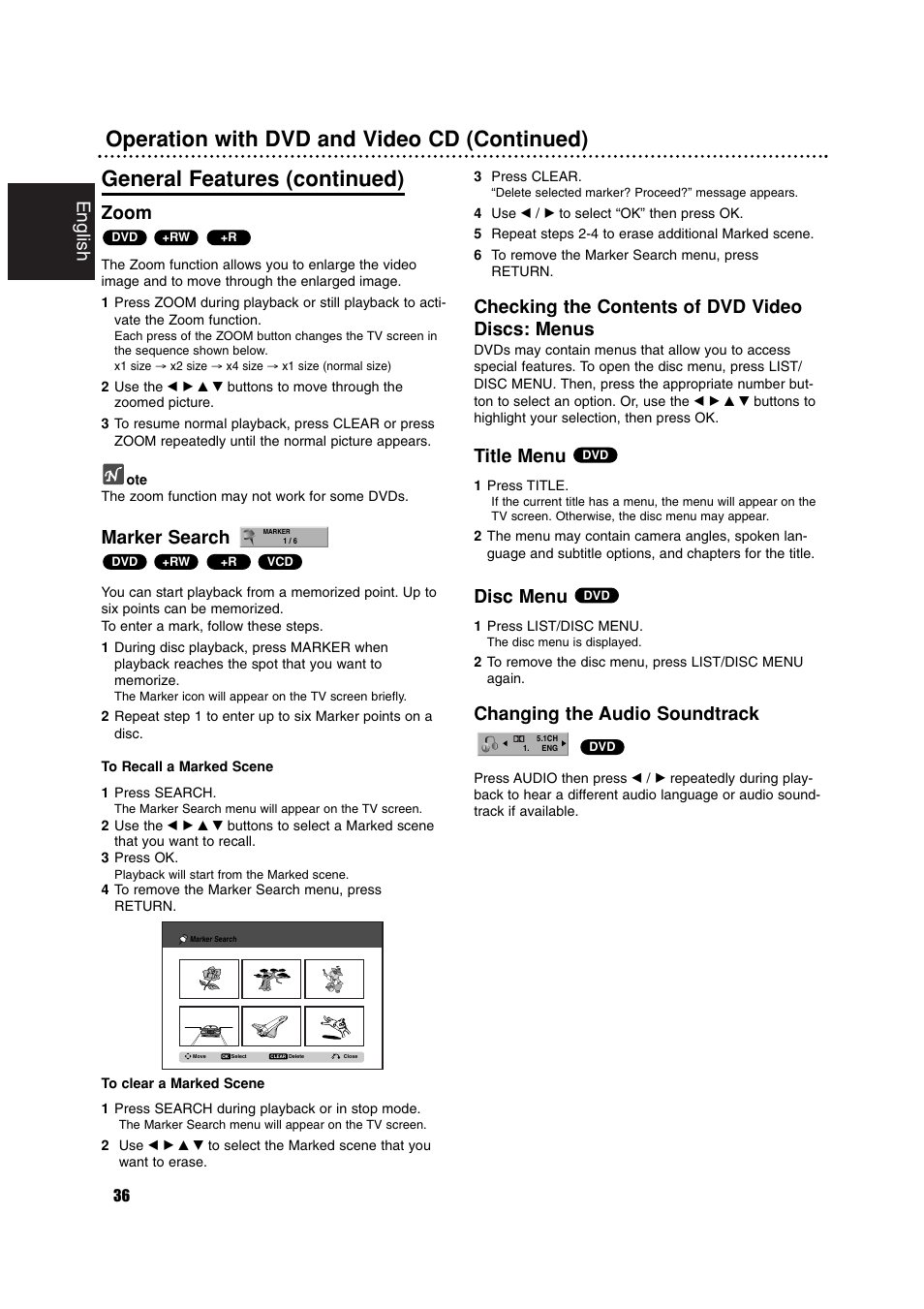 English, Zoom, Marker search | Checking the contents of dvd video discs: menus, Title menu, Disc menu, Changing the audio soundtrack | Philips RCP7005TP2L User Manual | Page 36 / 61