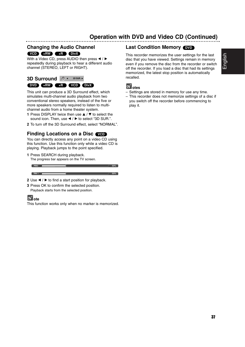 Operation with dvd and video cd (continued), English, Changing the audio channel | 3d surround, Finding locations on a disc | Philips RCP7005TP2L User Manual | Page 37 / 61