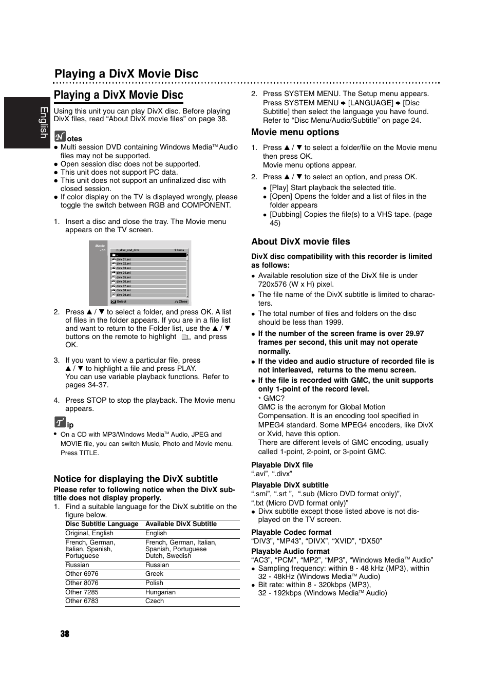 Playing a divx movie disc, English, Notice for displaying the divx subtitle | Movie menu options, About divx movie files | Philips RCP7005TP2L User Manual | Page 38 / 61