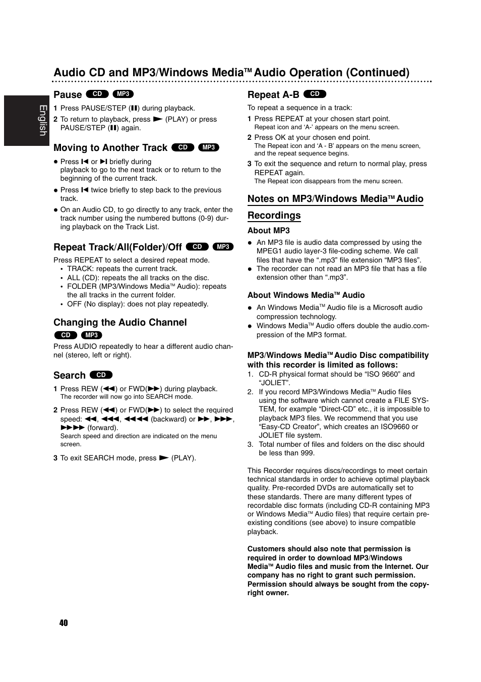 Audio cd and mp3/windows media, Audio operation (continued), English | Pause, Moving to another track, Repeat track/all(folder)/off, Changing the audio channel, Search, Repeat a-b, Audio recordings | Philips RCP7005TP2L User Manual | Page 40 / 61
