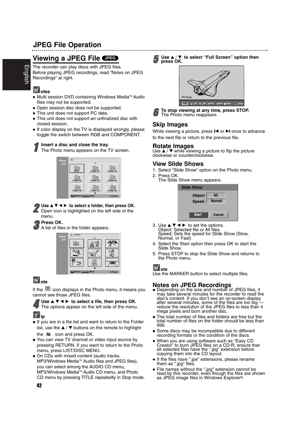 Viewing a jpeg file, Jpeg file operation, English | Skip images, Rotate images, View slide shows | Philips RCP7005TP2L User Manual | Page 42 / 61