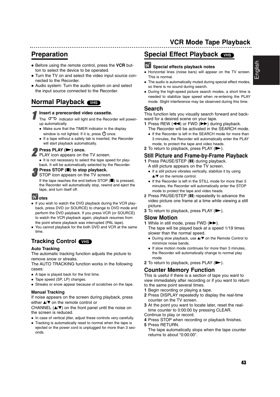 Vcr mode tape playback preparation, Normal playback, Special effect playback | Philips RCP7005TP2L User Manual | Page 43 / 61