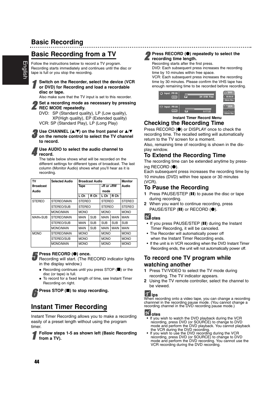 Basic recording basic recording from a tv, Instant timer recording, English | Checking the recording time | Philips RCP7005TP2L User Manual | Page 44 / 61