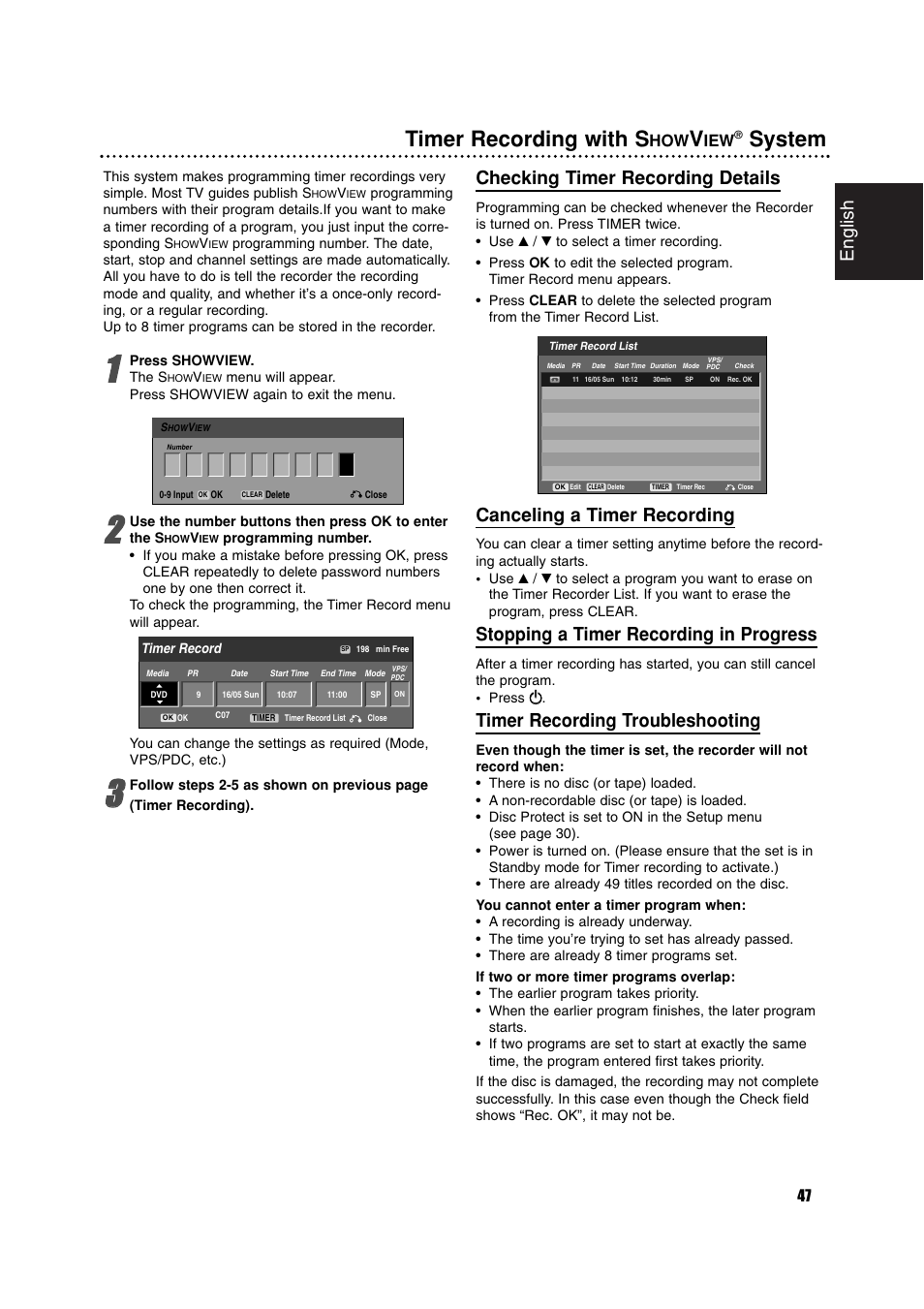 Timer recording with s, System, English | Checking timer recording details, Canceling a timer recording, Stopping a timer recording in progress, Timer recording troubleshooting | Philips RCP7005TP2L User Manual | Page 47 / 61
