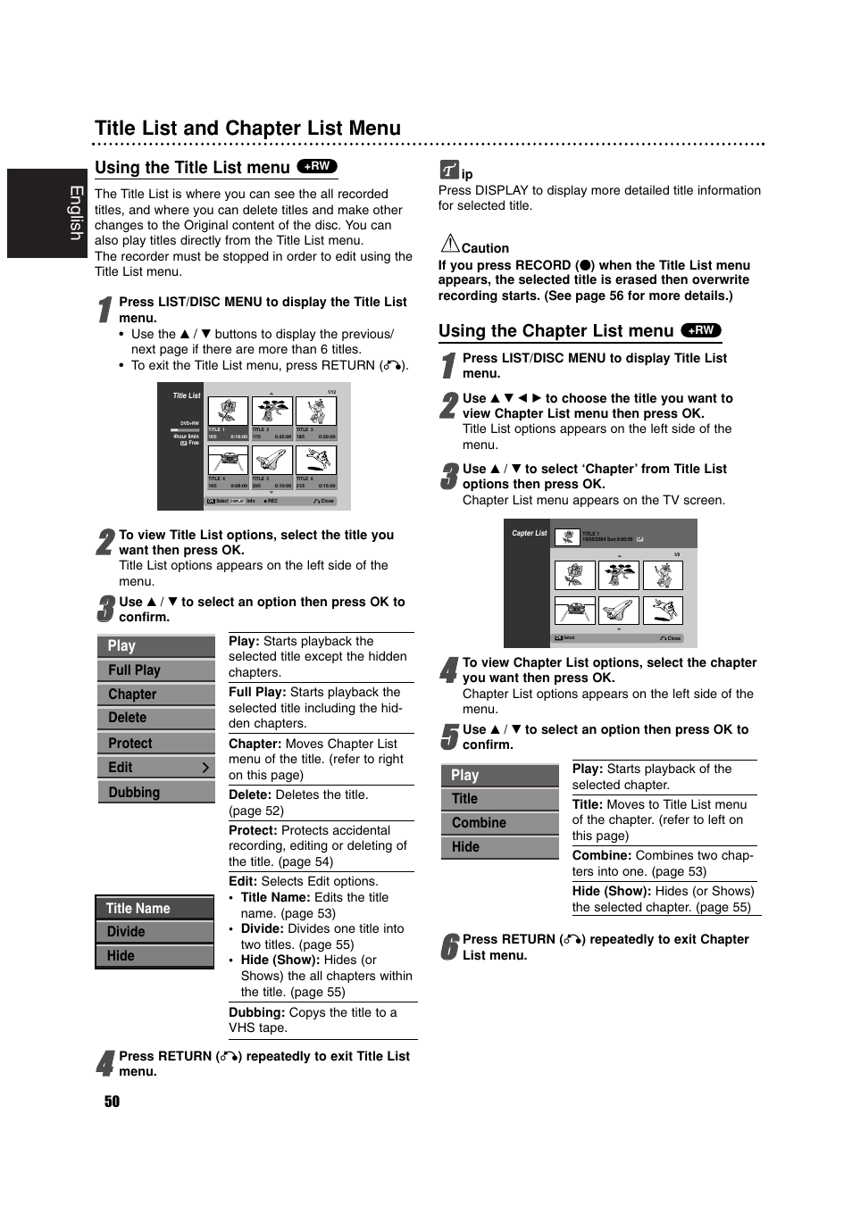 Title list and chapter list menu, English, Using the title list menu | Using the chapter list menu | Philips RCP7005TP2L User Manual | Page 50 / 61