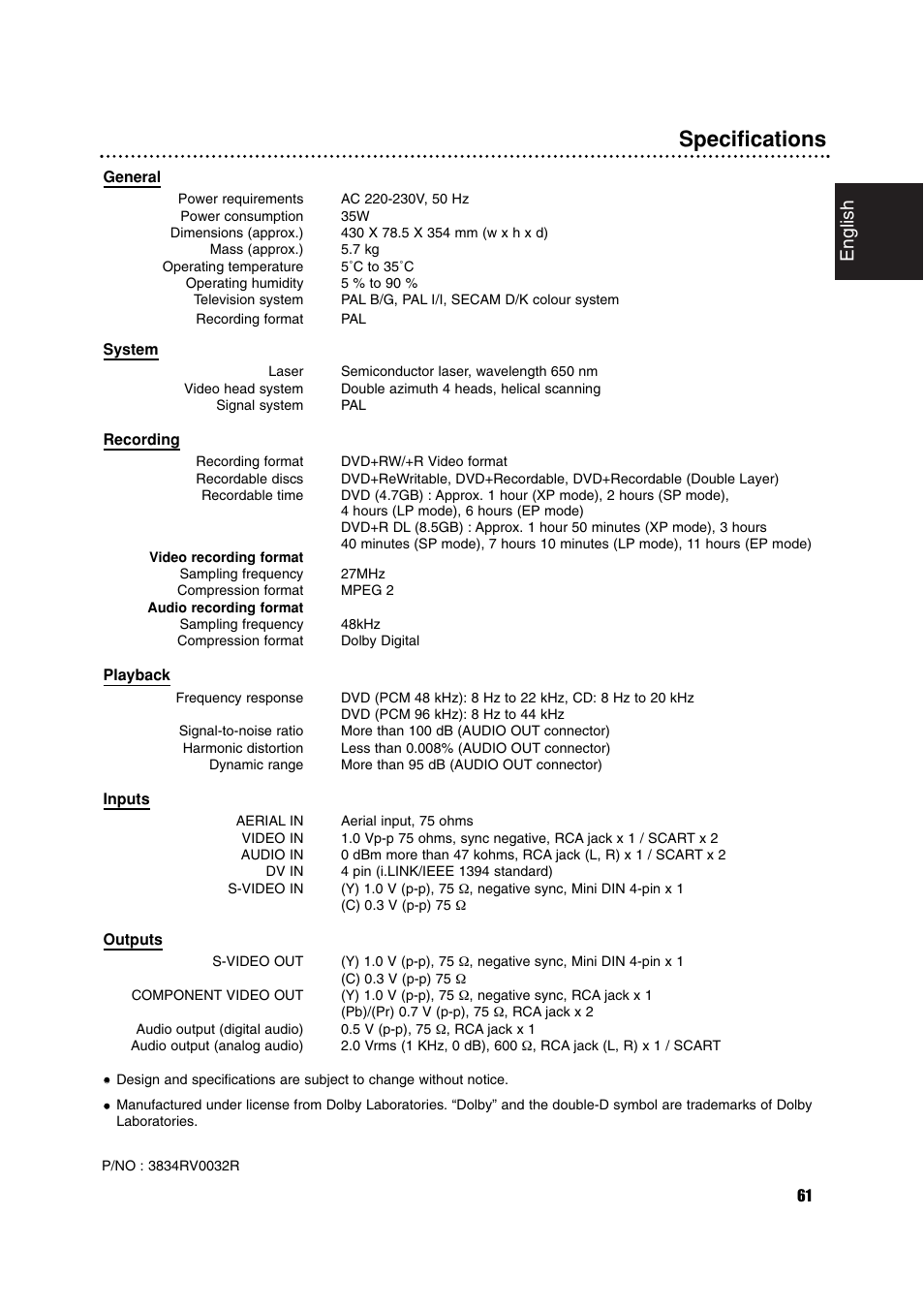 Specifications, English | Philips RCP7005TP2L User Manual | Page 61 / 61