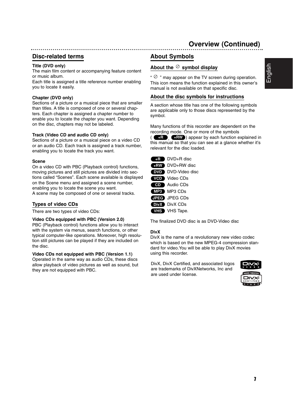 Overview (continued), English, Disc-related terms | About symbols | Philips RCP7005TP2L User Manual | Page 7 / 61