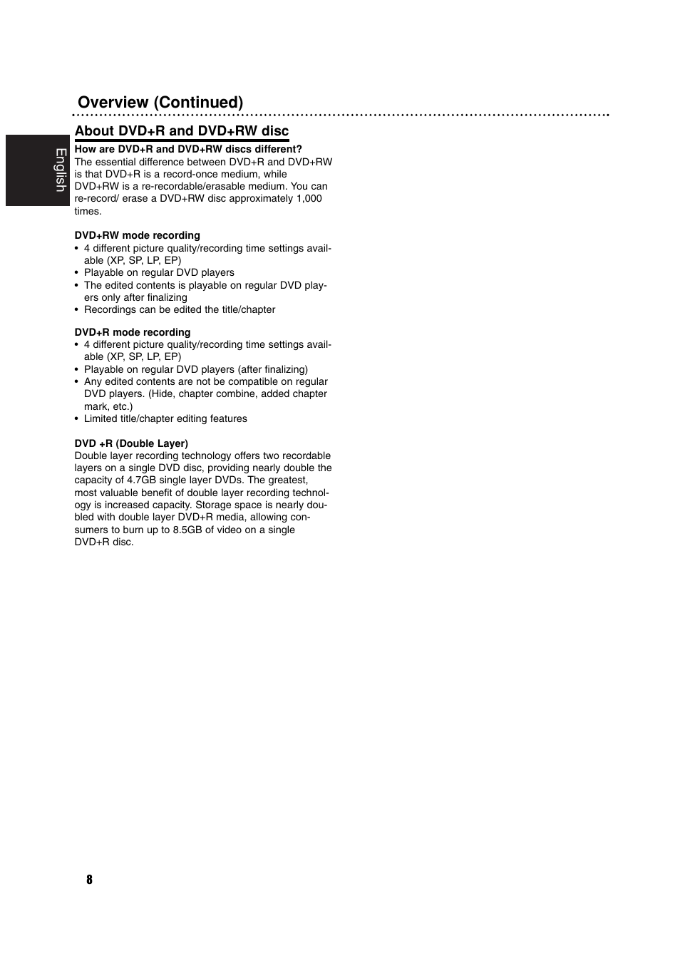 Overview (continued), English, About dvd+r and dvd+rw disc | Philips RCP7005TP2L User Manual | Page 8 / 61