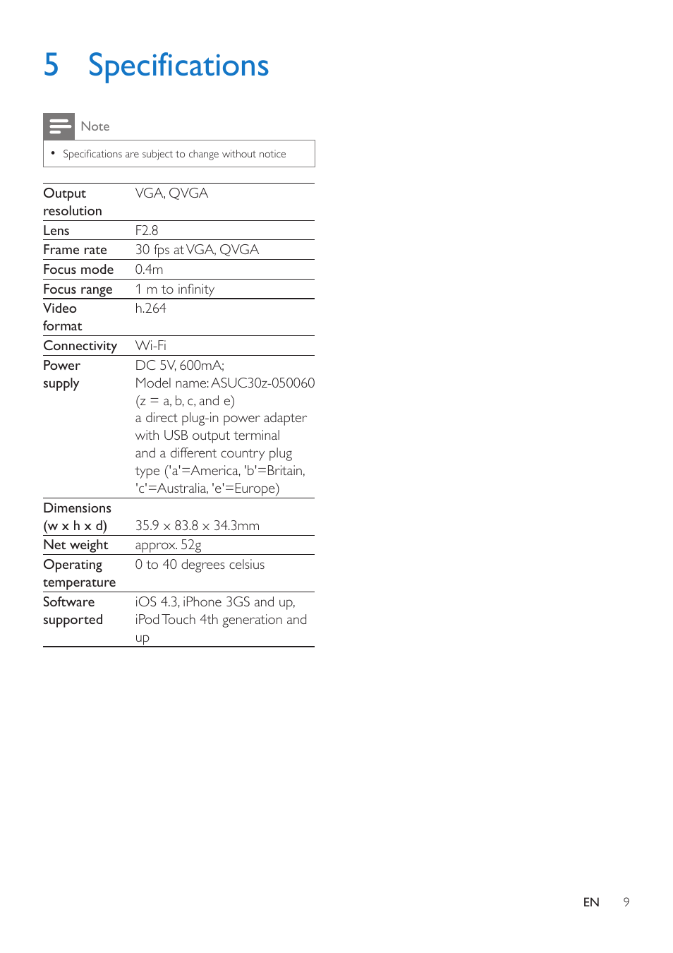 5 specifications | Philips WIRELESS HOME MONITOR M100 User Manual | Page 11 / 14