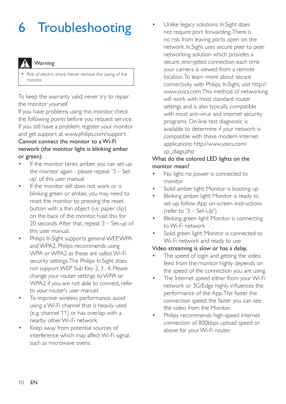 6 troubleshooting | Philips WIRELESS HOME MONITOR M100 User Manual | Page 12 / 14