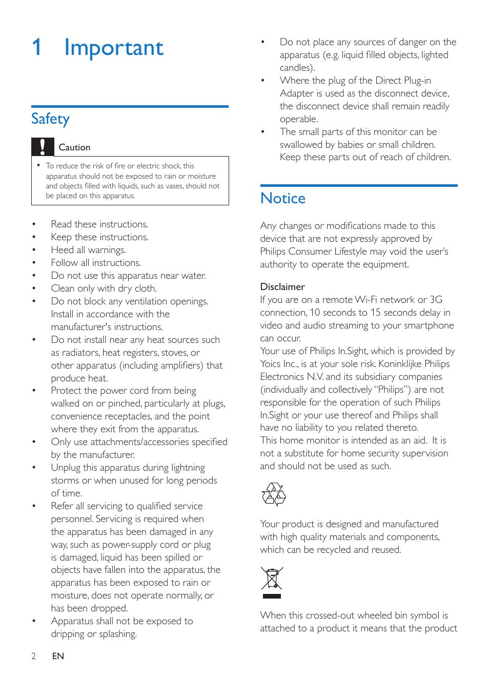 1 important, Safety, Notice | Safety 2, Notice 2 | Philips WIRELESS HOME MONITOR M100 User Manual | Page 4 / 14