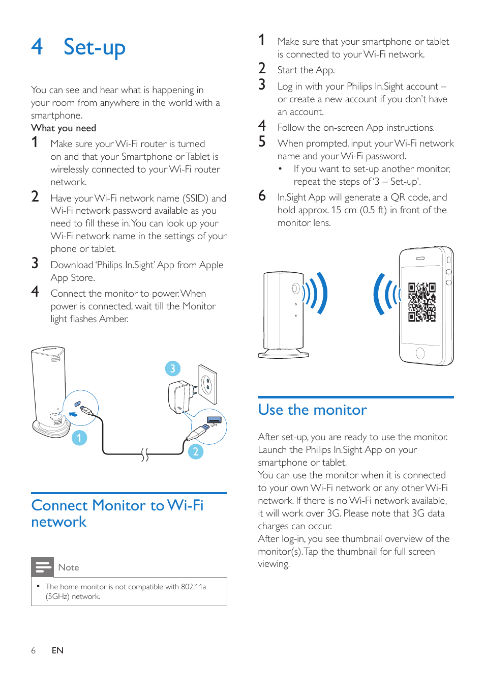 4 set-up, Connect monitor to wi-fi network, Use the monitor | Philips WIRELESS HOME MONITOR M100 User Manual | Page 8 / 14