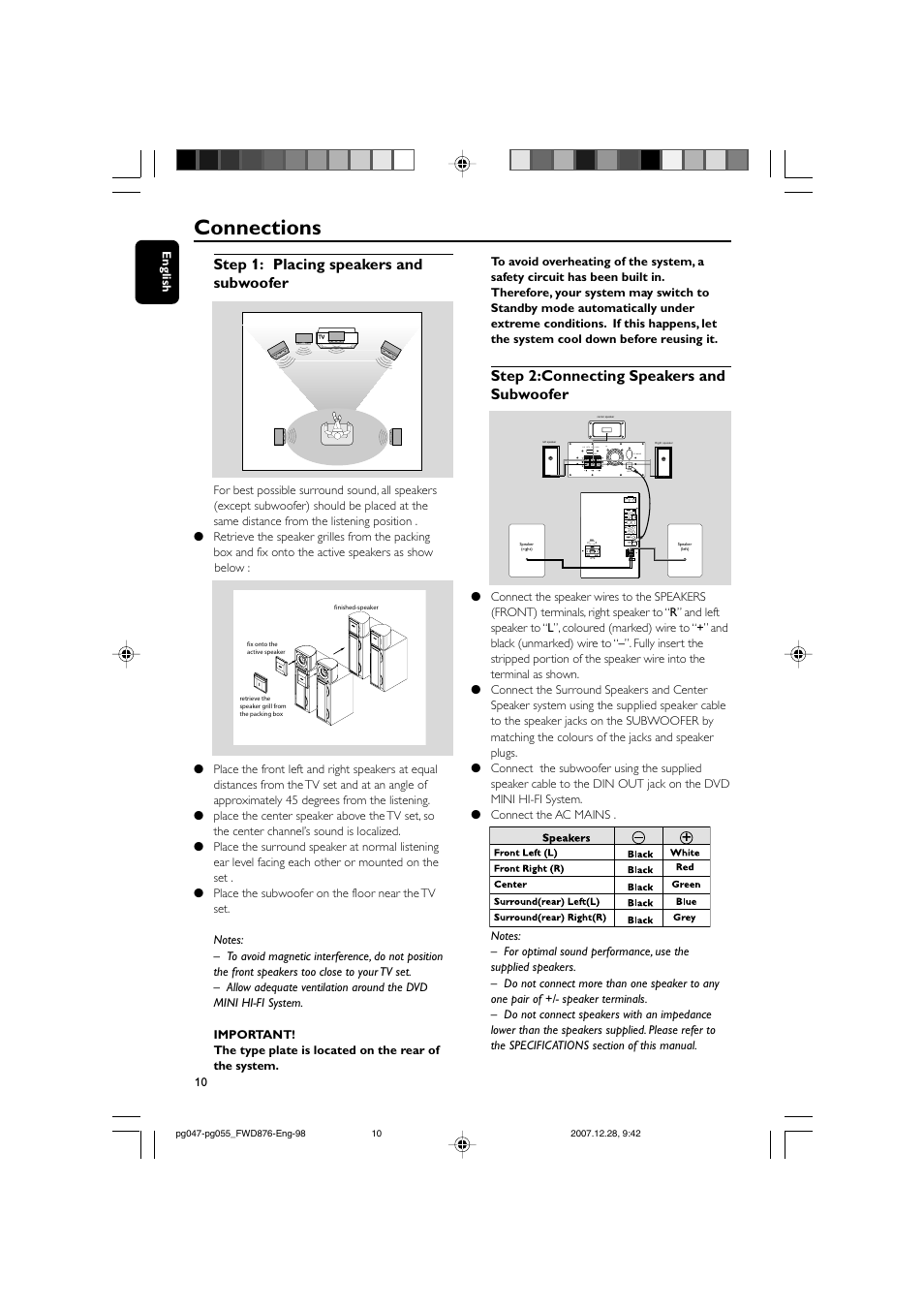 Connections, Step 2:connecting speakers and subwoofer, Step 1: placing speakers and subwoofer | Philips FWD876 User Manual | Page 10 / 47