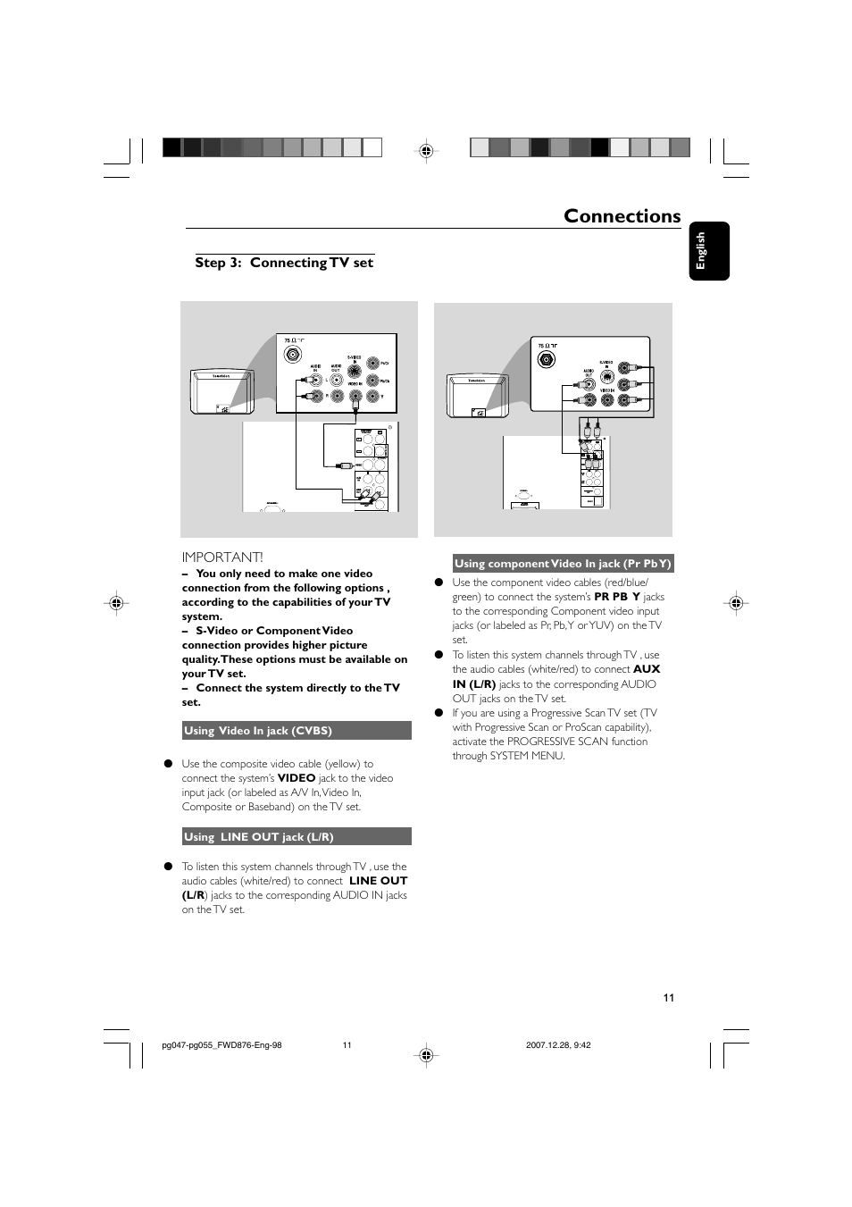 Connections, Step 3: connecting tv set important | Philips FWD876 User Manual | Page 11 / 47
