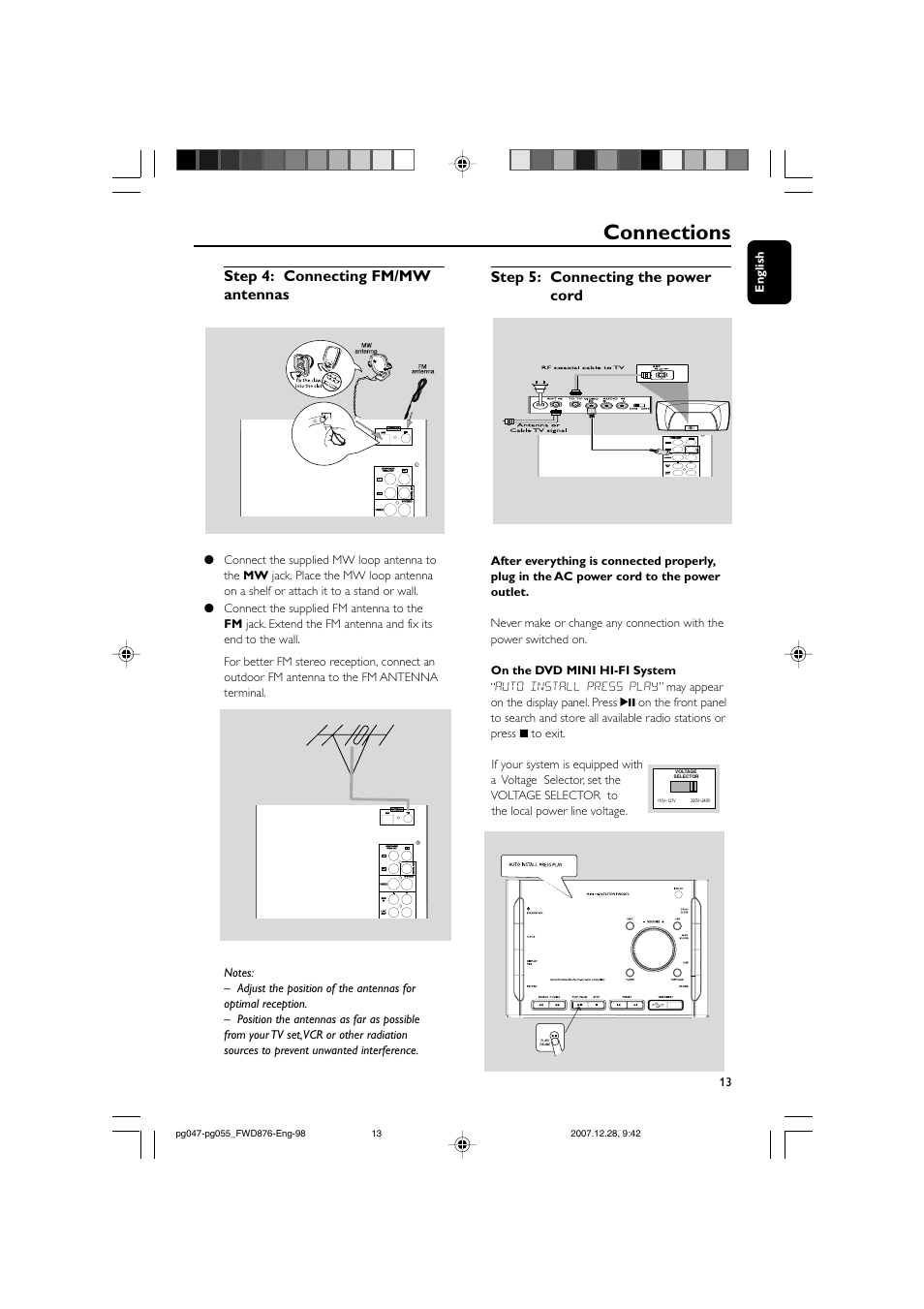 Connections, Step 4: connecting fm/mw antennas, Step 5: connecting the power cord | Philips FWD876 User Manual | Page 13 / 47