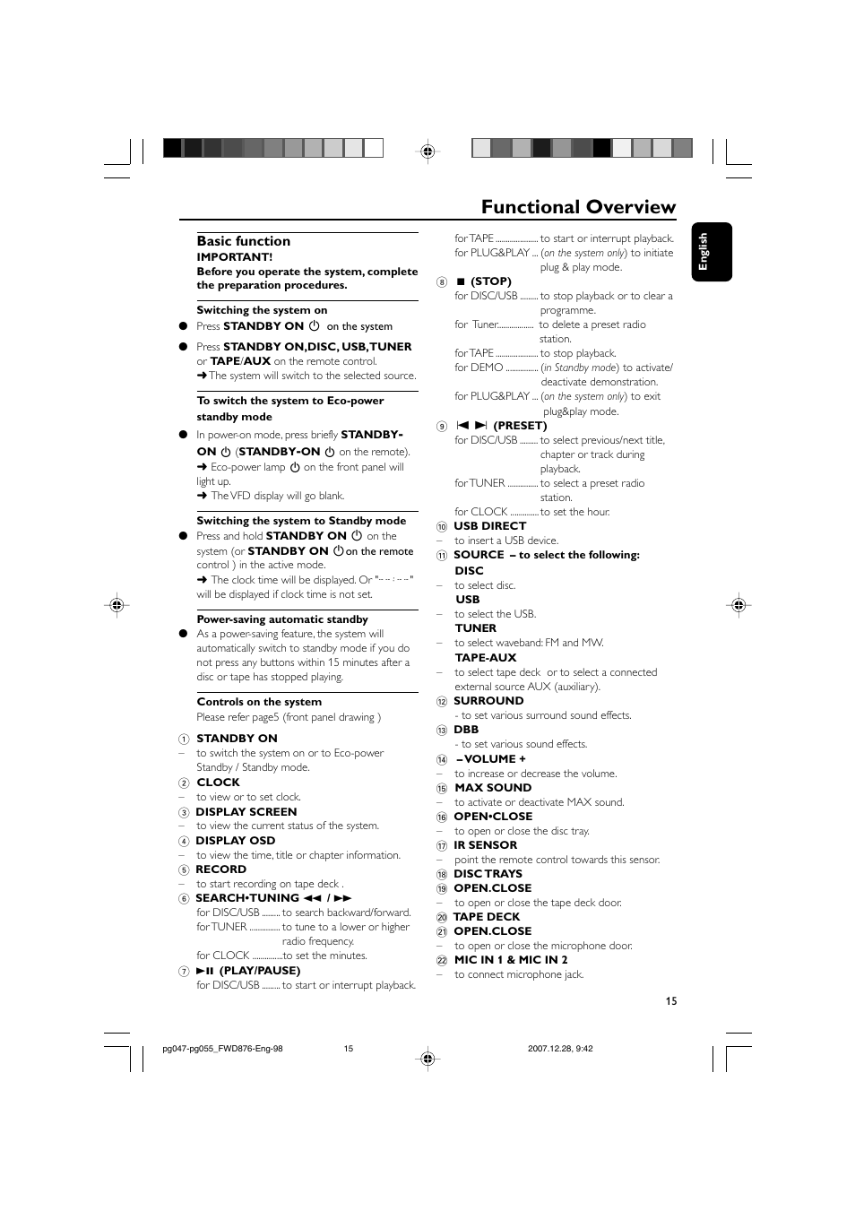 Functional overview, Basic function | Philips FWD876 User Manual | Page 15 / 47