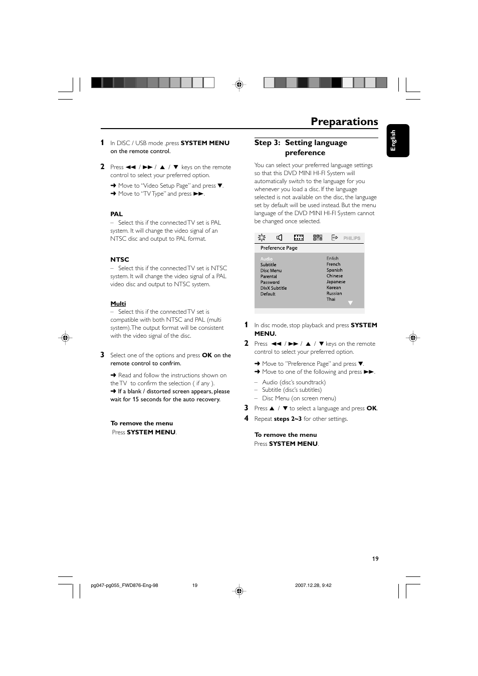 Preparations | Philips FWD876 User Manual | Page 19 / 47