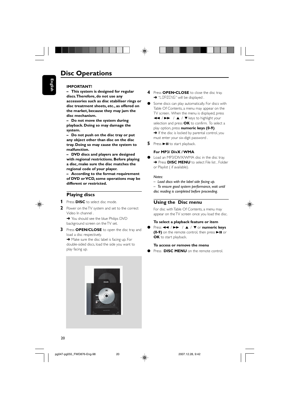 Disc operations | Philips FWD876 User Manual | Page 20 / 47