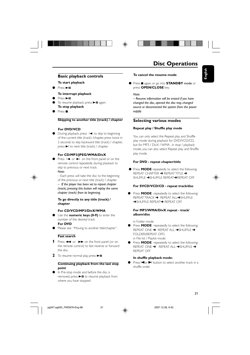 Disc operations, Basic playback controls, Selecting various modes | Philips FWD876 User Manual | Page 21 / 47