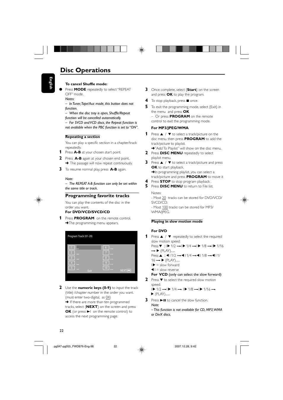 Disc operations, Programming favorite tracks | Philips FWD876 User Manual | Page 22 / 47