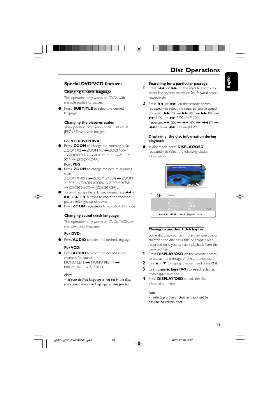 Disc operations, Special dvd/vcd features | Philips FWD876 User Manual | Page 23 / 47