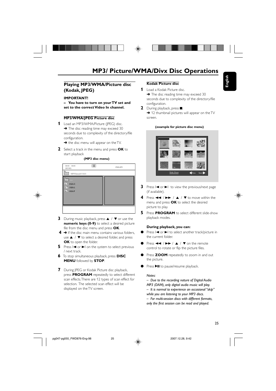 Mp3/ picture/wma/divx disc operations, Playing mp3/wma/picture disc (kodak, jpeg) | Philips FWD876 User Manual | Page 25 / 47