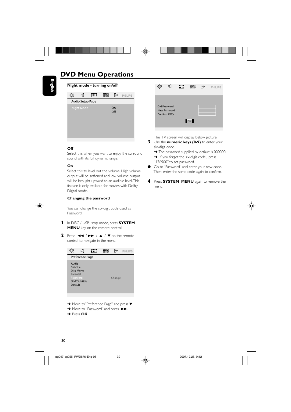 Dvd menu operations | Philips FWD876 User Manual | Page 30 / 47