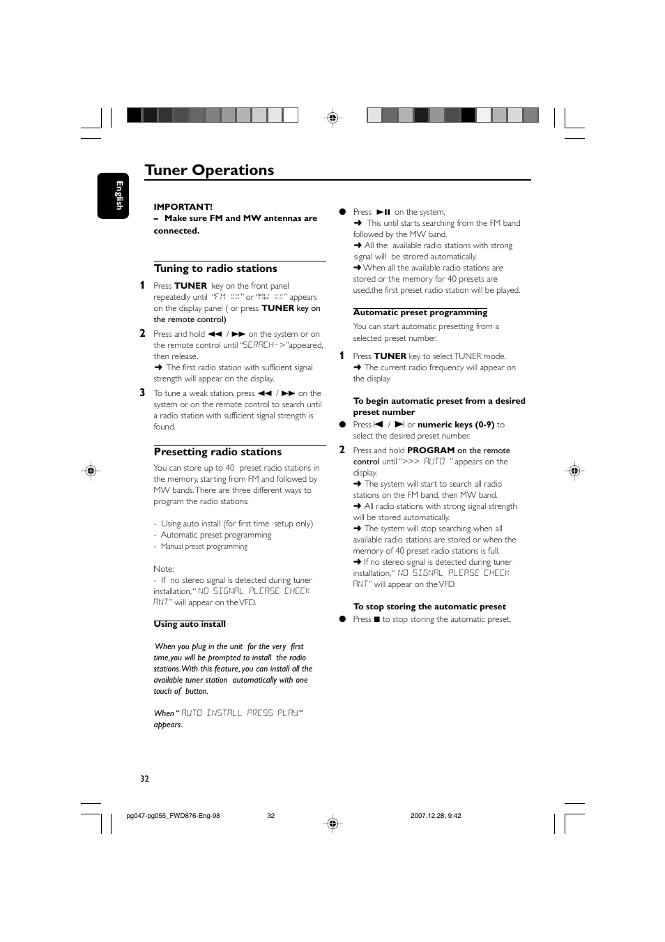 Tuner operations, Tuning to radio stations 1, Presetting radio stations | Philips FWD876 User Manual | Page 32 / 47