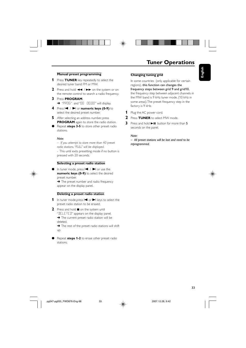Tuner operations | Philips FWD876 User Manual | Page 33 / 47