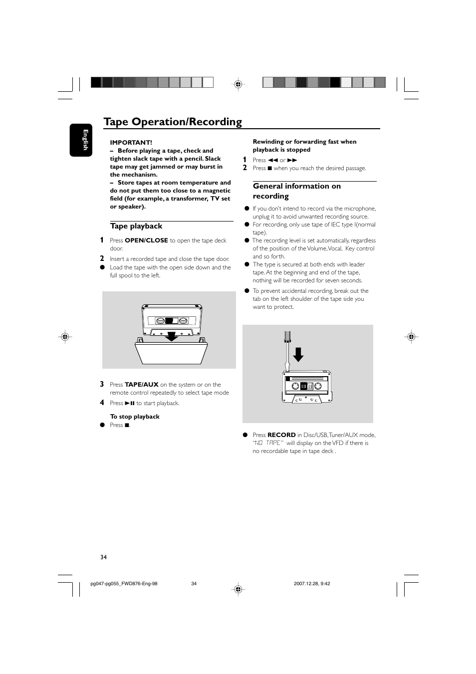 Tape operation/recording | Philips FWD876 User Manual | Page 34 / 47