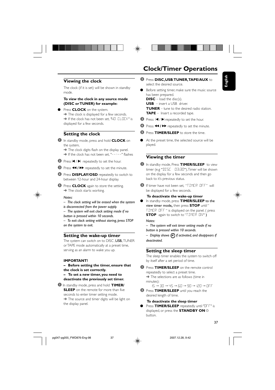 Clock/timer operations | Philips FWD876 User Manual | Page 37 / 47