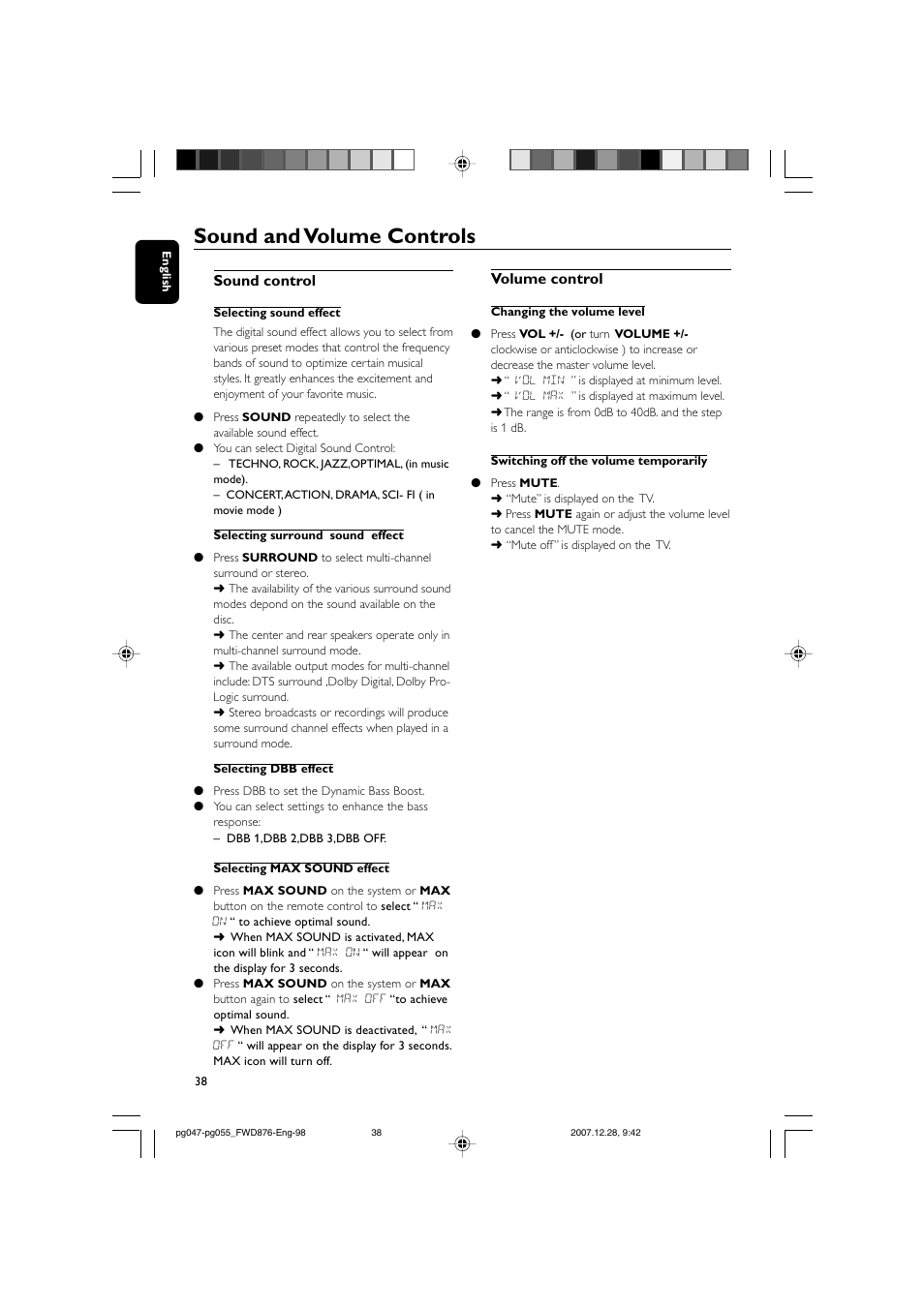 Sound and volume controls, Sound control, Volume control | Philips FWD876 User Manual | Page 38 / 47