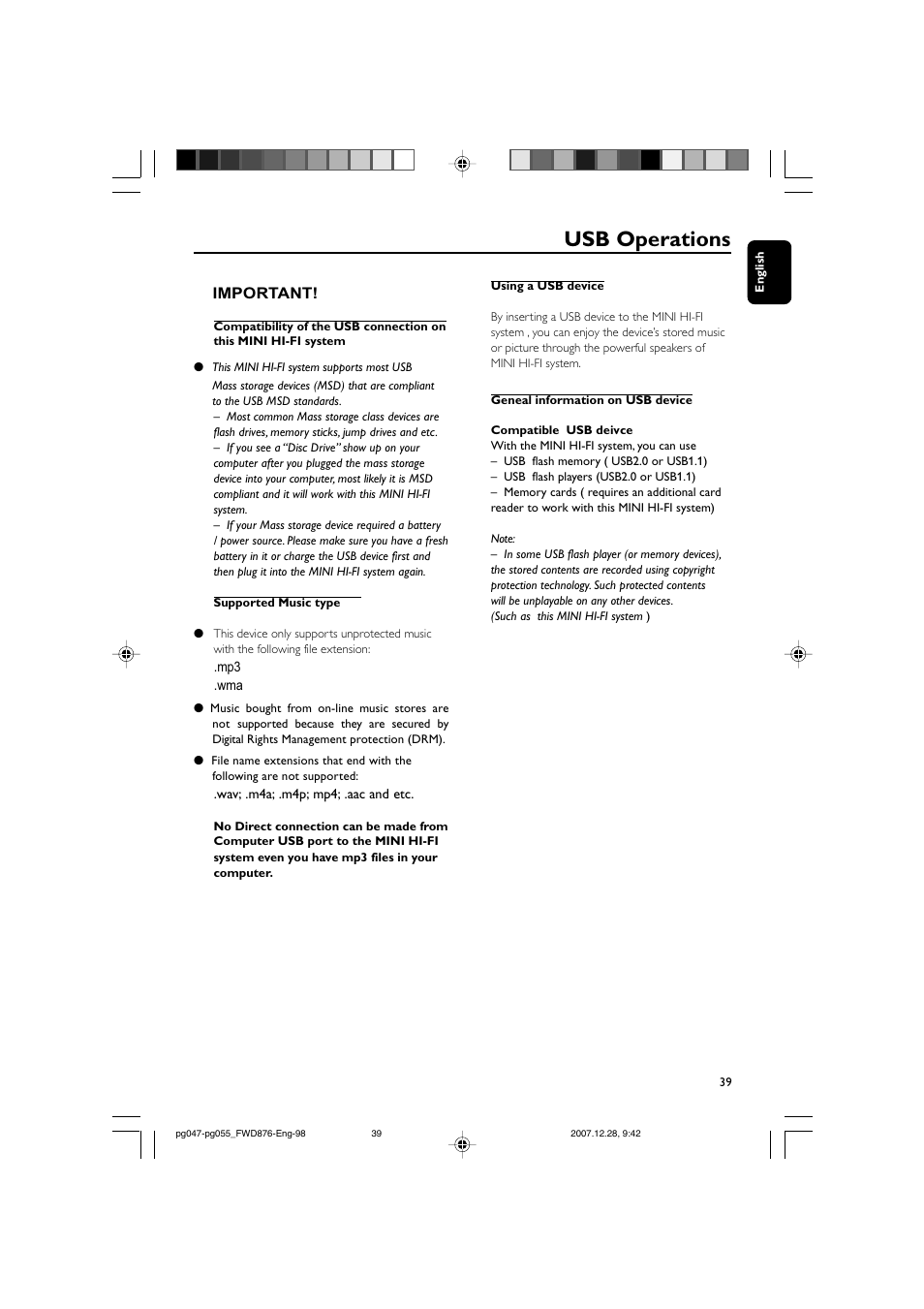 Usb operations | Philips FWD876 User Manual | Page 39 / 47